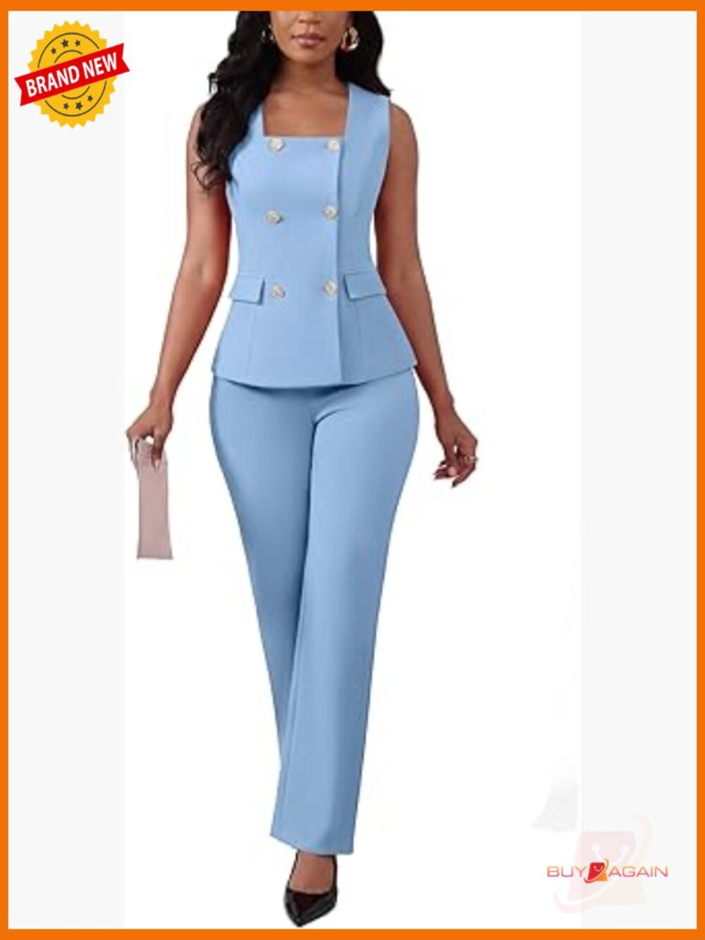 2 Piece Blazer Outfits Square Neck Sleeveless Vest High Waist Pants Suit Set